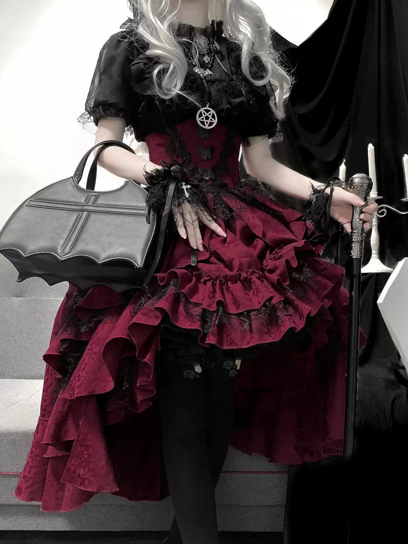 Creamy - Manor Nocturne - Black Blouse and Red Suspender Skirt Set with Ruffled Sleeves