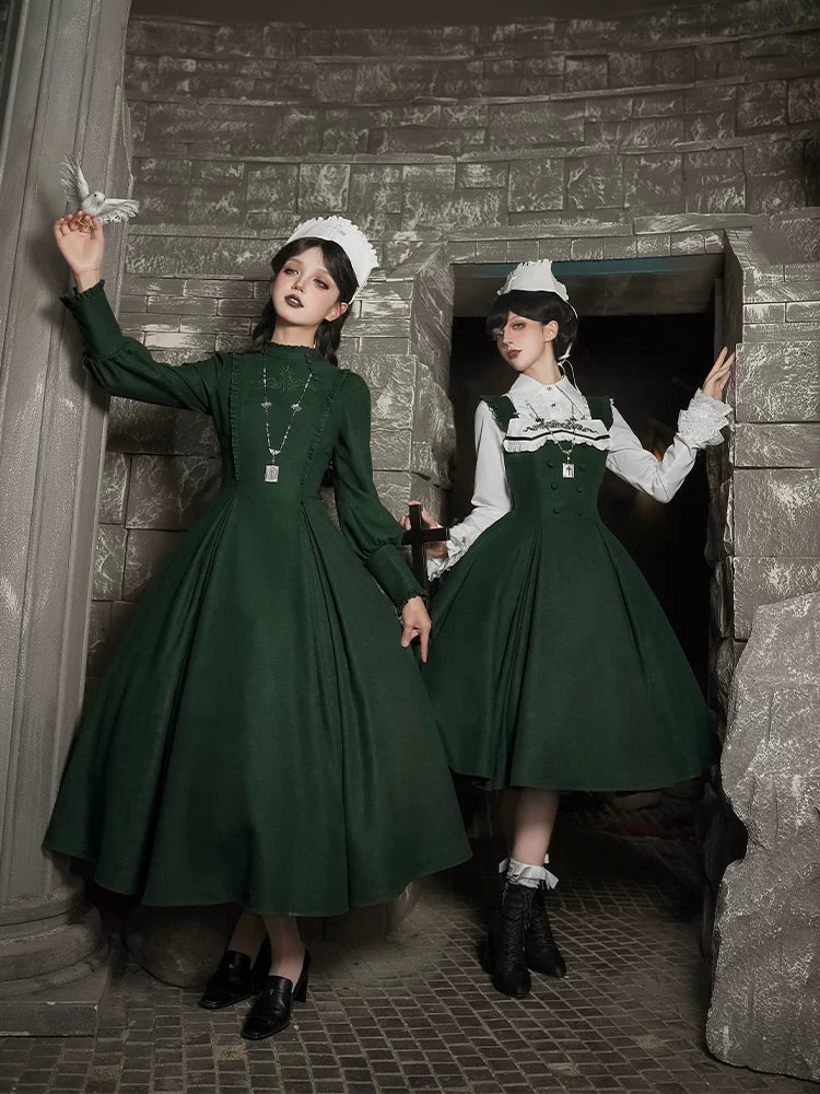 With PUJI - Abyss Clinic - Gothic Lolita Green Dress Set, Embroidery Accent detail view 3