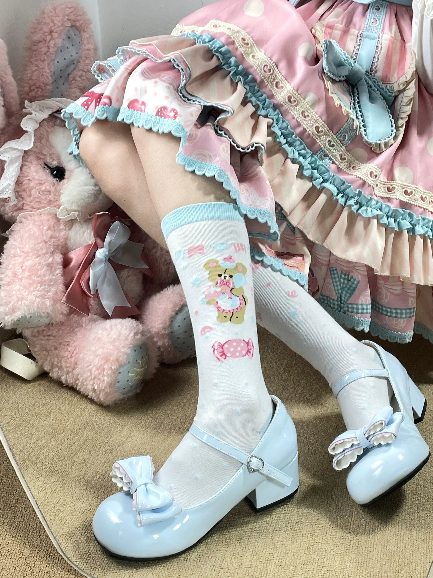 Fantasy Doll - Bear and Strawberry - Combed-Cotton Mid-Calf Socks with Printed Motifs