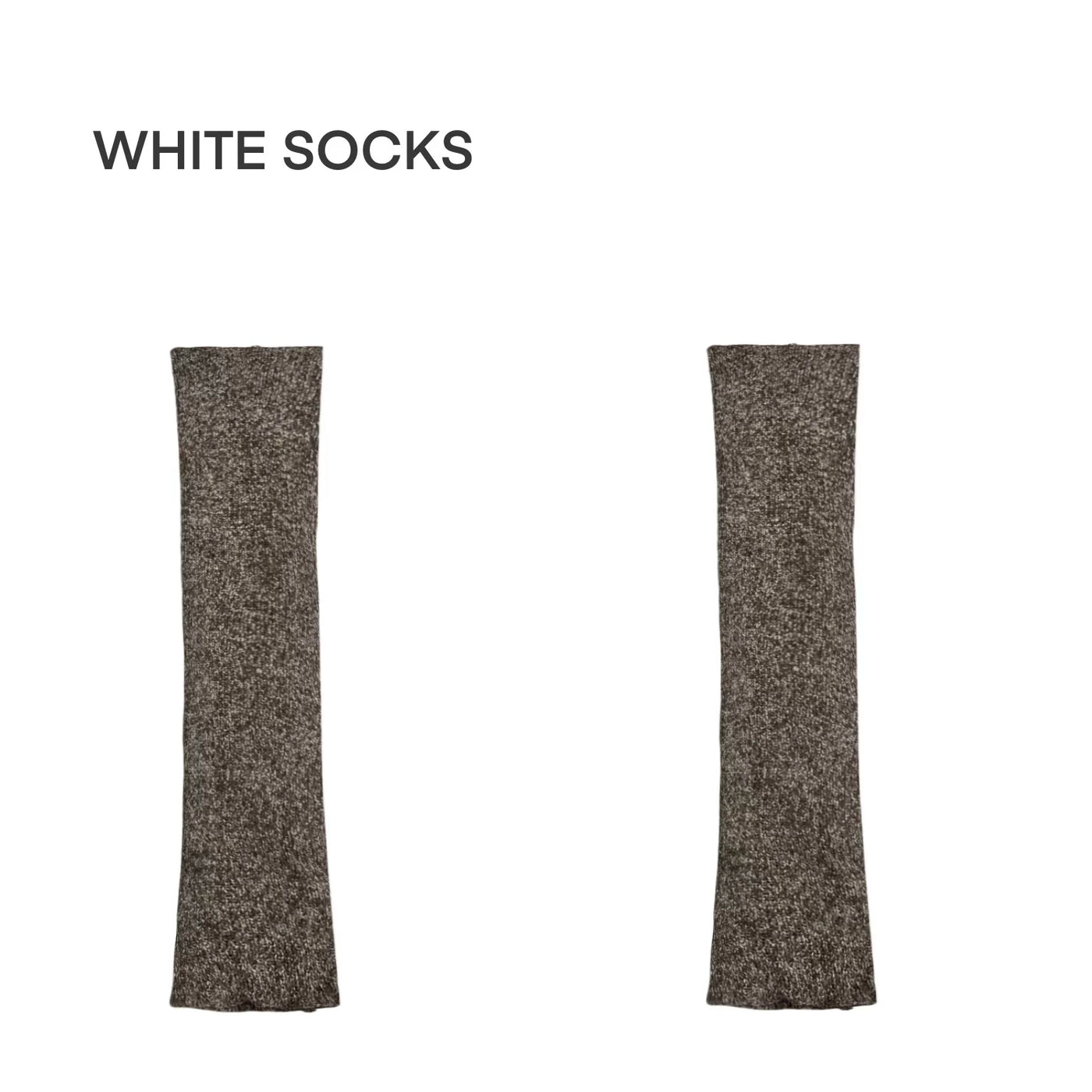 Brown and grey gathered knit leg warmers styled with white sneakers