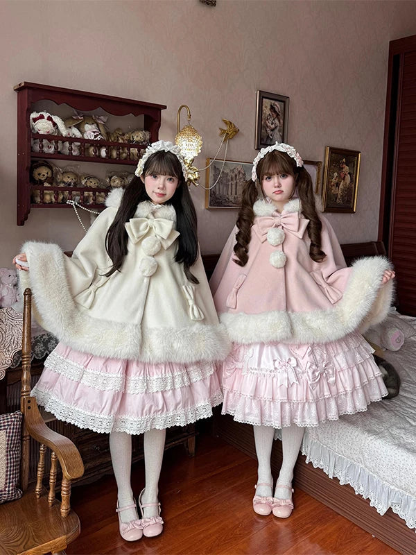 Pink fleece-lined Lolita cape shawl with front bow accent