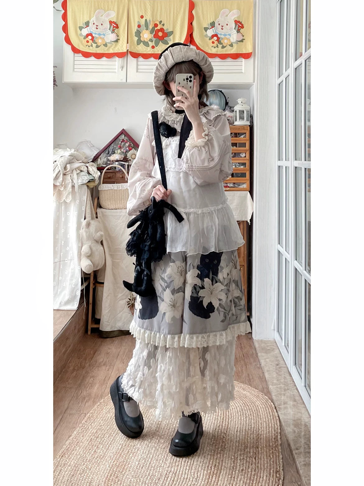GZYRZ - Black Cat and Lily - Lolita fashion set with black cat and lily motifs