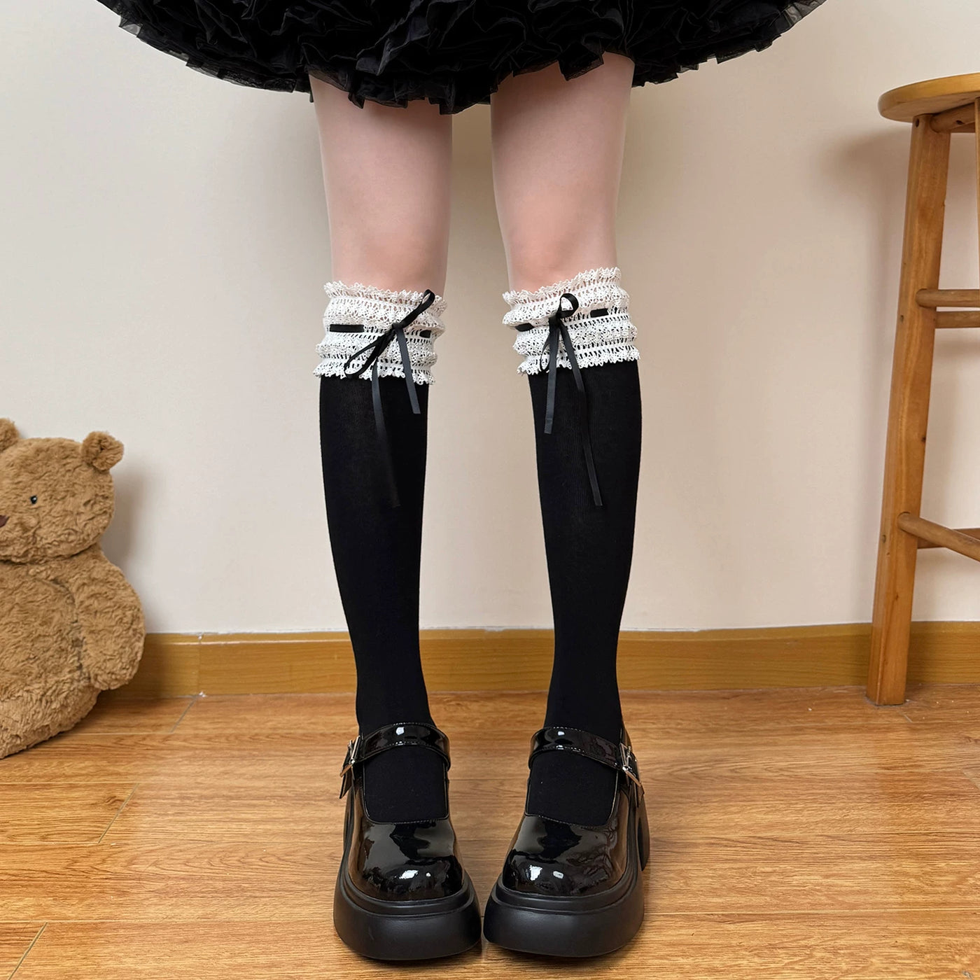 Chubby Bear Tales - Cream Ballet - Calf Socks with Lace Ruffles and Ribbon Bows