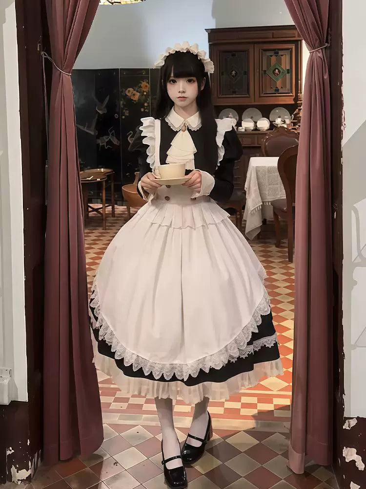 Creamy - Gothic Maid - Long-Sleeve One-Piece Dress and Apron Set with Lace Ruffles