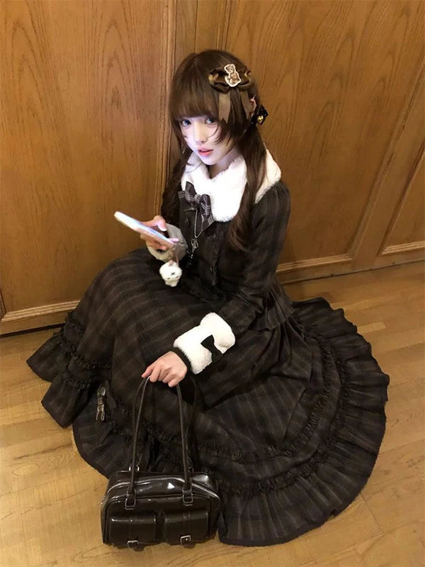 Creamy - Vintage Plaid - Two-Piece Short Jacket and Long Skirt Set with a Plush Collar