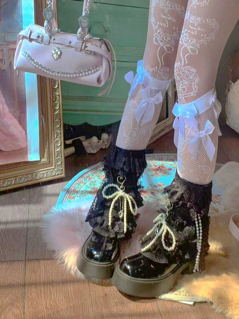 pinkyo White Patent-Finish Pearl & Lace Platform Boots — additional product view