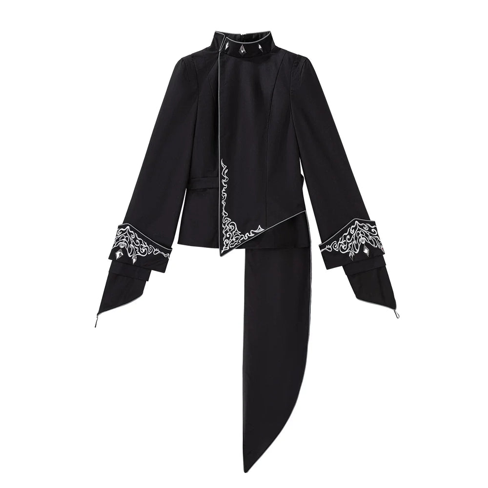 Black embroidered Ouji tailcoat top and separate silver sash shown together.