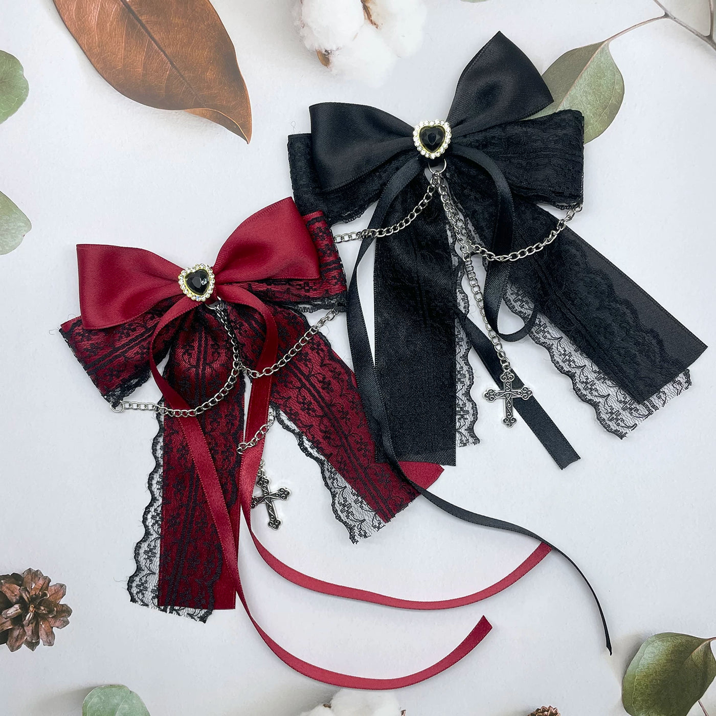 Independent Brand - Cross Chain Bow - Pin or Hair Clip with Lace Trim and Cross Charm