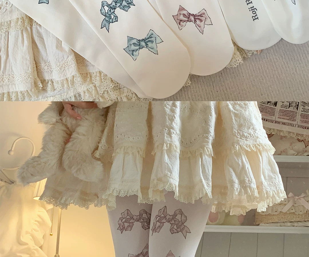 roji roji - Bow Print - Velvet Bow-Print Tights in Three Colourways