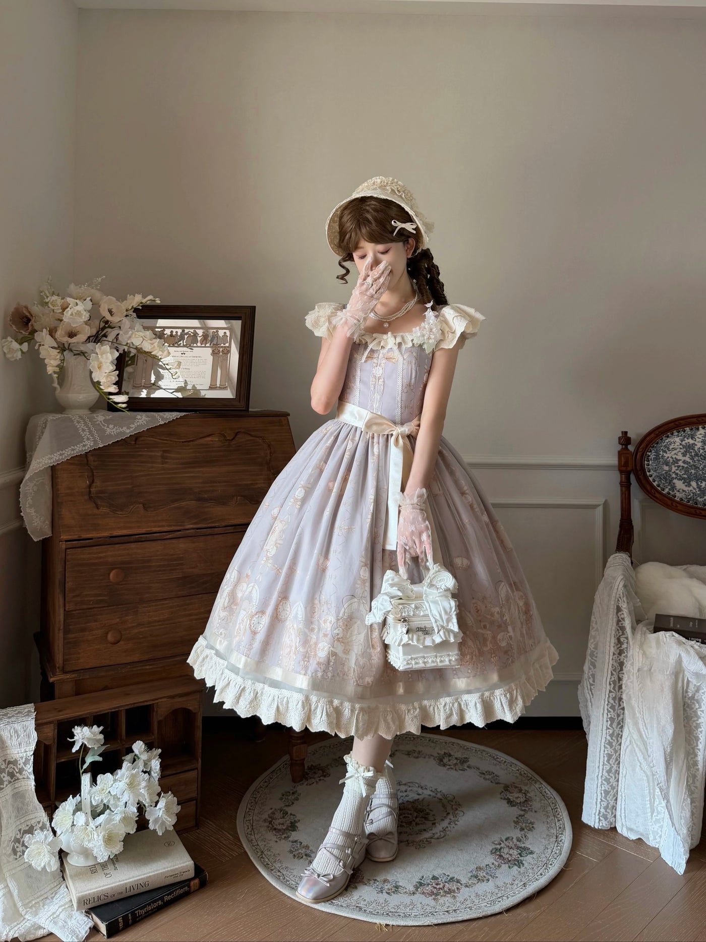 Thousand Wood - Dreamy Unicorn - Unicorn-Print JSK Dress with Ruffled Shoulder Straps and Waist Bow