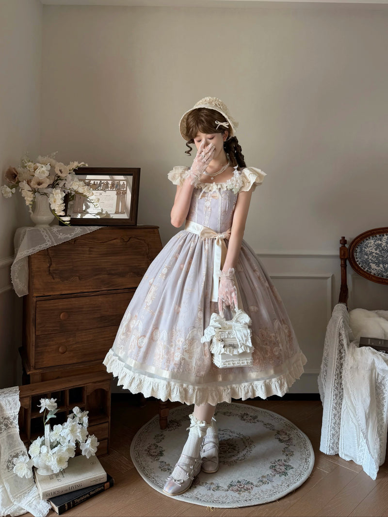 Thousand Wood - Dreamy Unicorn - Unicorn-Print JSK Dress with Ruffled Shoulder Straps and Waist Bow