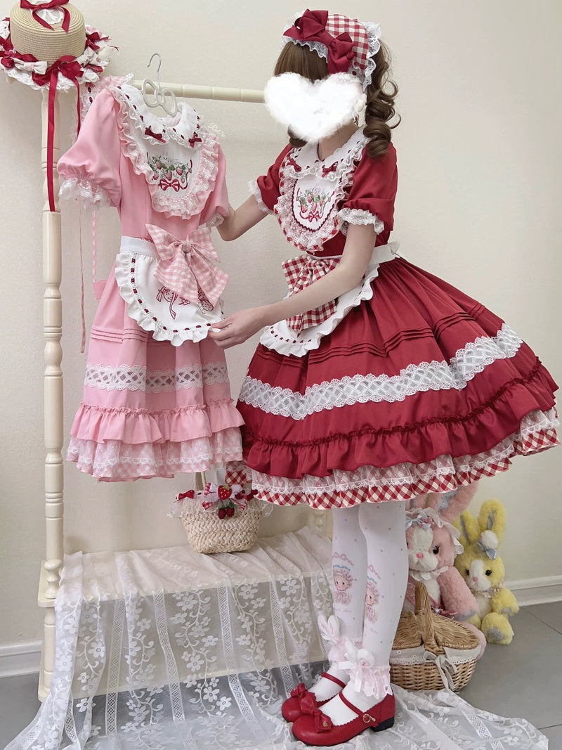 Sugar Girl - Strawberry Tea - Sweet Red Lolita OP Dress Short Sleeve Apron Dress