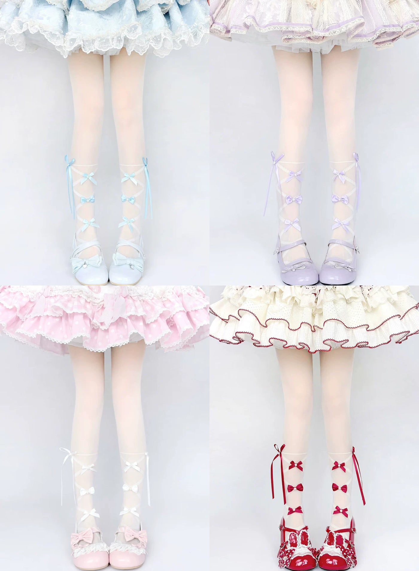 Floral Milk Cat - Sakura Knot - Tights with Crisscross Ribbon Bows