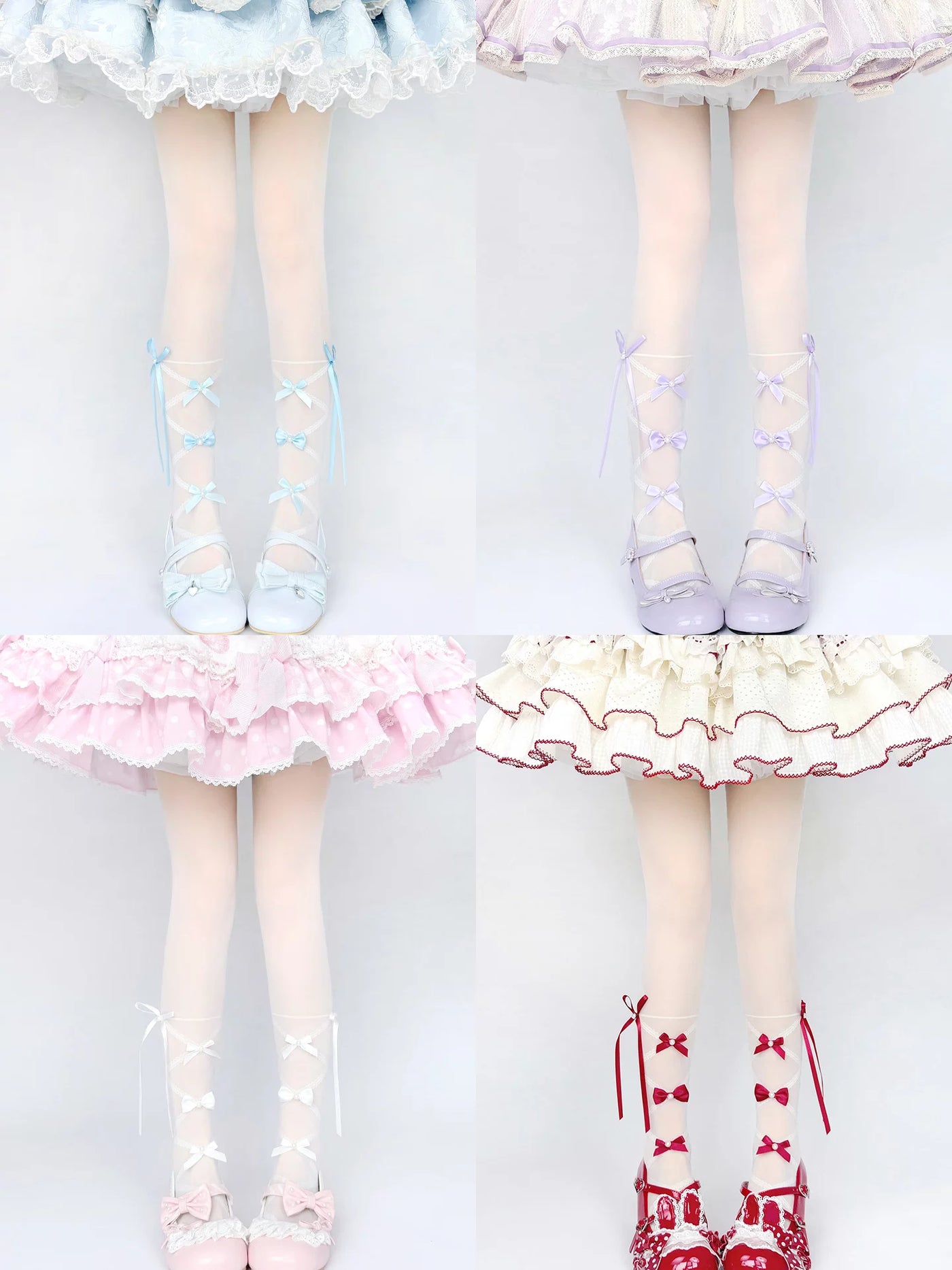 Pink bow-detail tights with crisscross ribbon straps styled beneath a ruffled skirt.