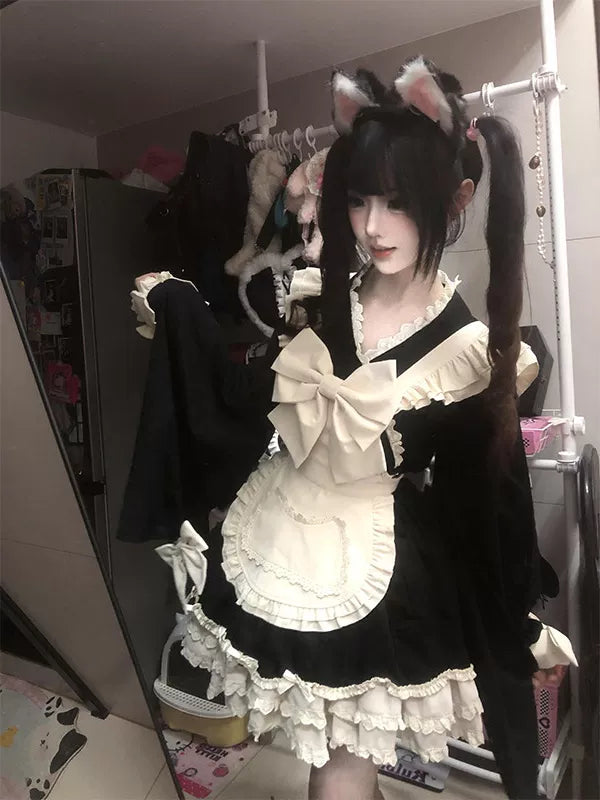 Creamy - Maid Bow - Black-and-White OP Dress with White Apron