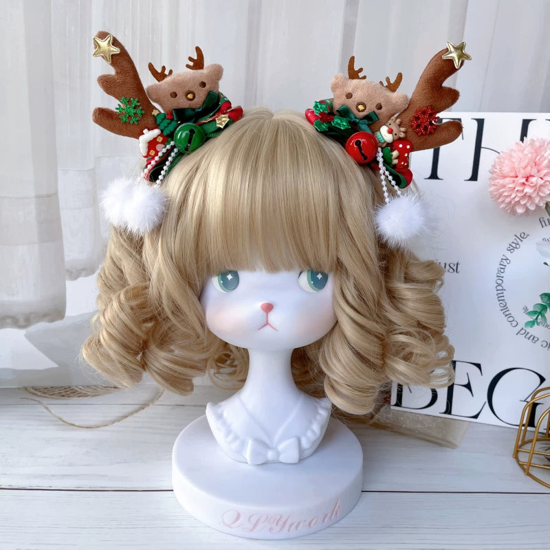 Christmas Light-Up Lolita Headwear & Accessory Options — Christmas Pompom Antler Hair Clip