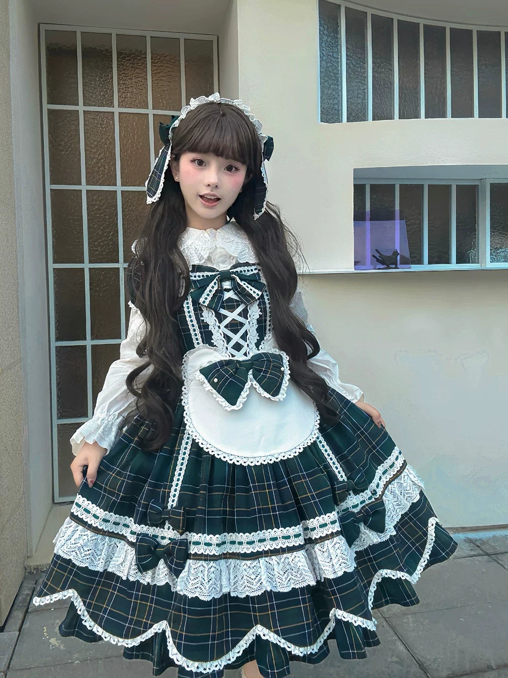 Miss Point - Plaid Petal Bunny - Old School Lolita Plaid OP Dress, Petal-shaped Hem
