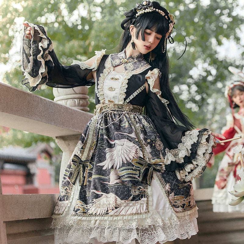 Leopard Cat Crane Distance OP Dress in Qi Style by Lolita Fetch, featuring intricate leopard and crane embroidery on elegant fabric