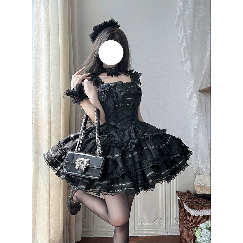 Creamy - Black Ballet - Black One-Piece Dress Set with Tiered Lace Ruffles