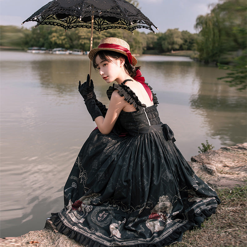 With PUJI - Nightingale and Rose - Classic Lolita Chiffon Dress, Rose & Birdcage Print
