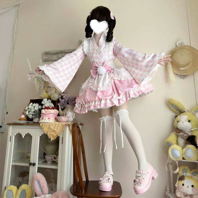 Lady Han milk pudding maid dress from Lolita Fetch featuring a cute pastel maid costume with ruffled details and playful design.