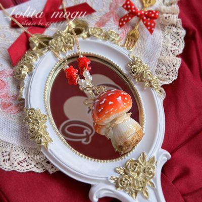 Bear doll - Mushroom Motif - Mushroom Necklace with Bow Accents - Gold bow round-headed mushroom
