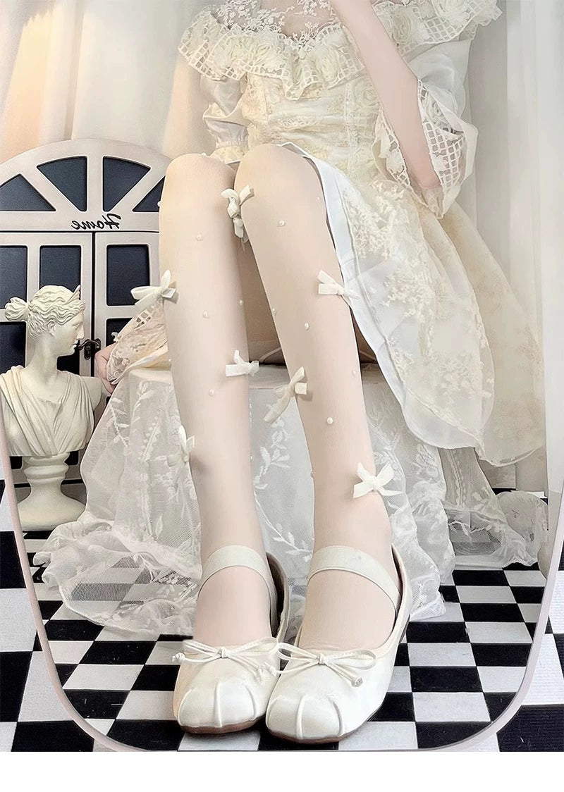 Floral Milk Cat - Ribbon Bow Sheer - Snag-Resistant Pantyhose with Ribbon Bows