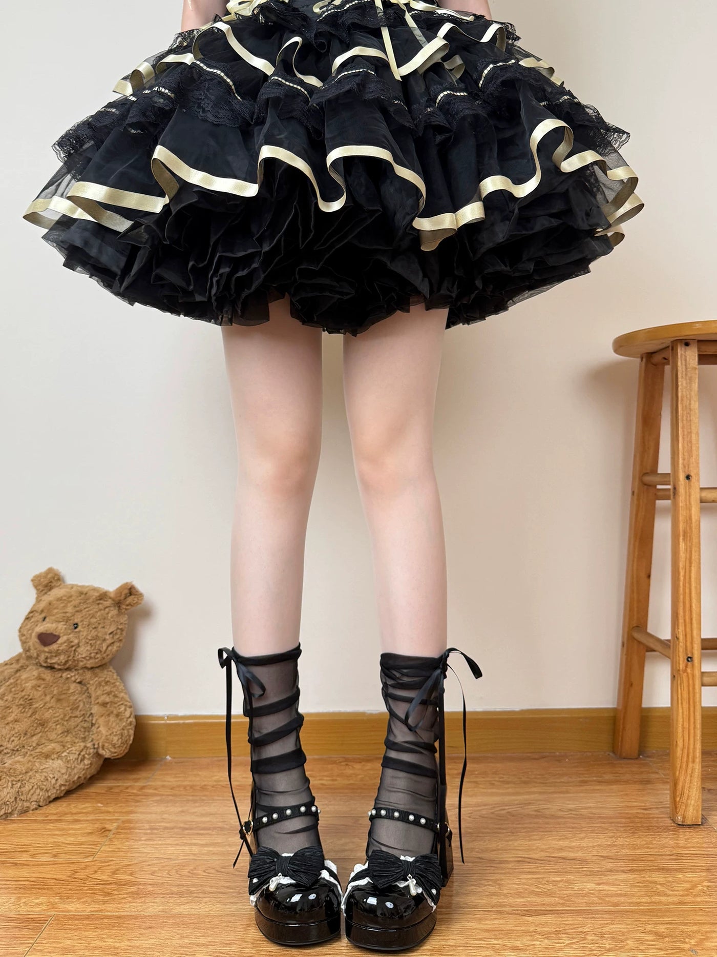 Chubby Bear Tales - Ballet Ribbon - Sheer Mid-Calf Socks with Long Ribbon Ties