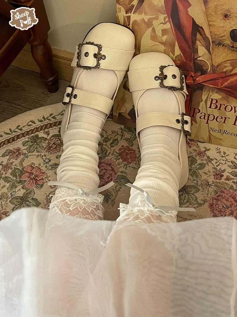 Sheep Puff Curly Sheep Mary Jane Shoes featuring curly sheep design, black straps, and classic Mary Jane style.