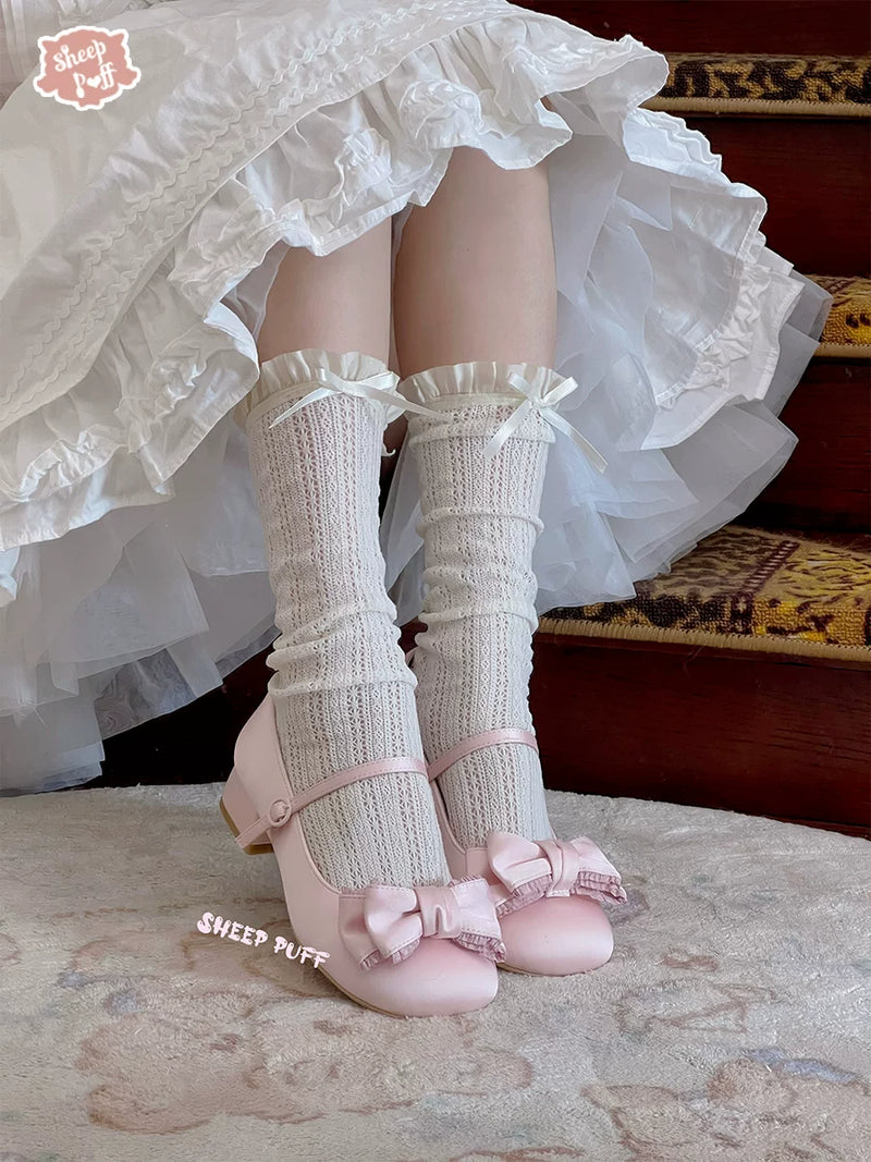 Sheep Puff Fairy Tale Satin Low Heel Lolita Shoes featuring a sheep puff design and elegant satin finish.