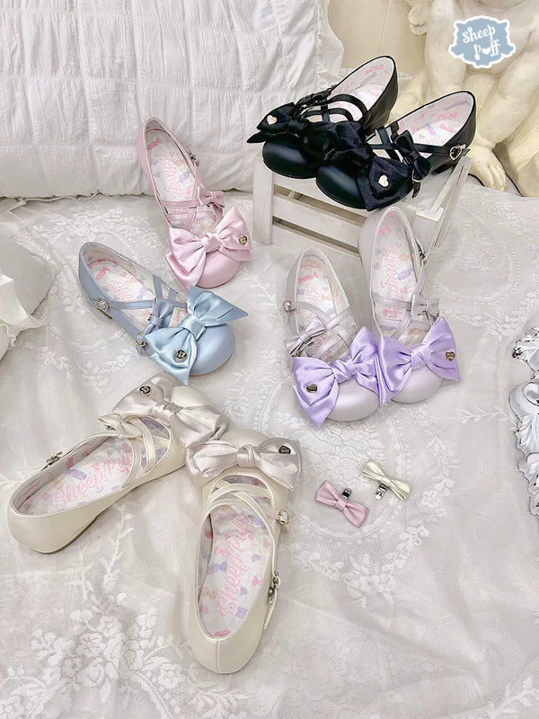 Sheep Puff Satin Candy Low Heel Lolita Shoes featuring a satin finish and cute, rounded toe design.