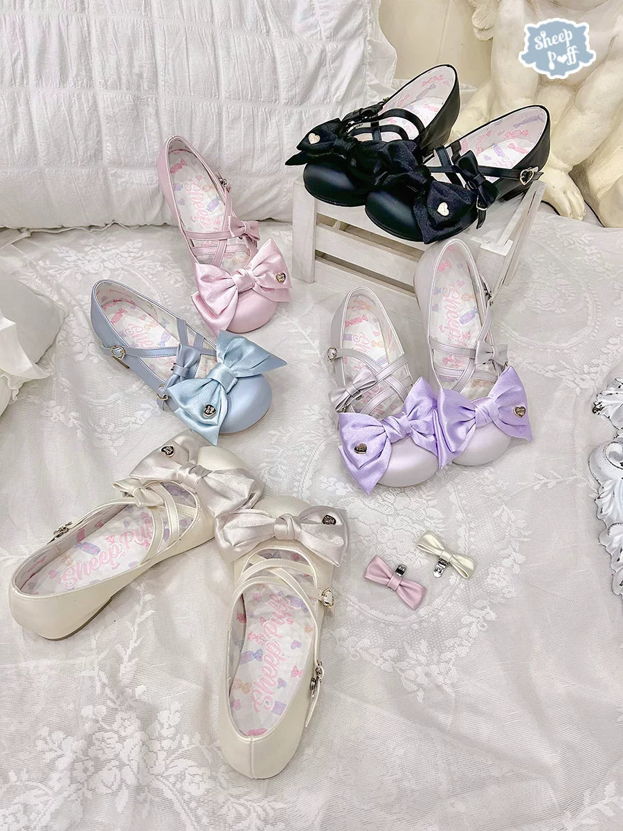 Sheep Puff Satin Candy Low Heel Lolita Shoes featuring a satin finish and cute, rounded toe design.