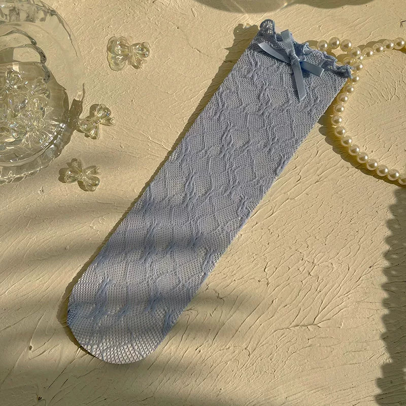 Sock Noble - Candy Lace Bow - Lace-Trimmed Slouch Socks with Ribbon Bows