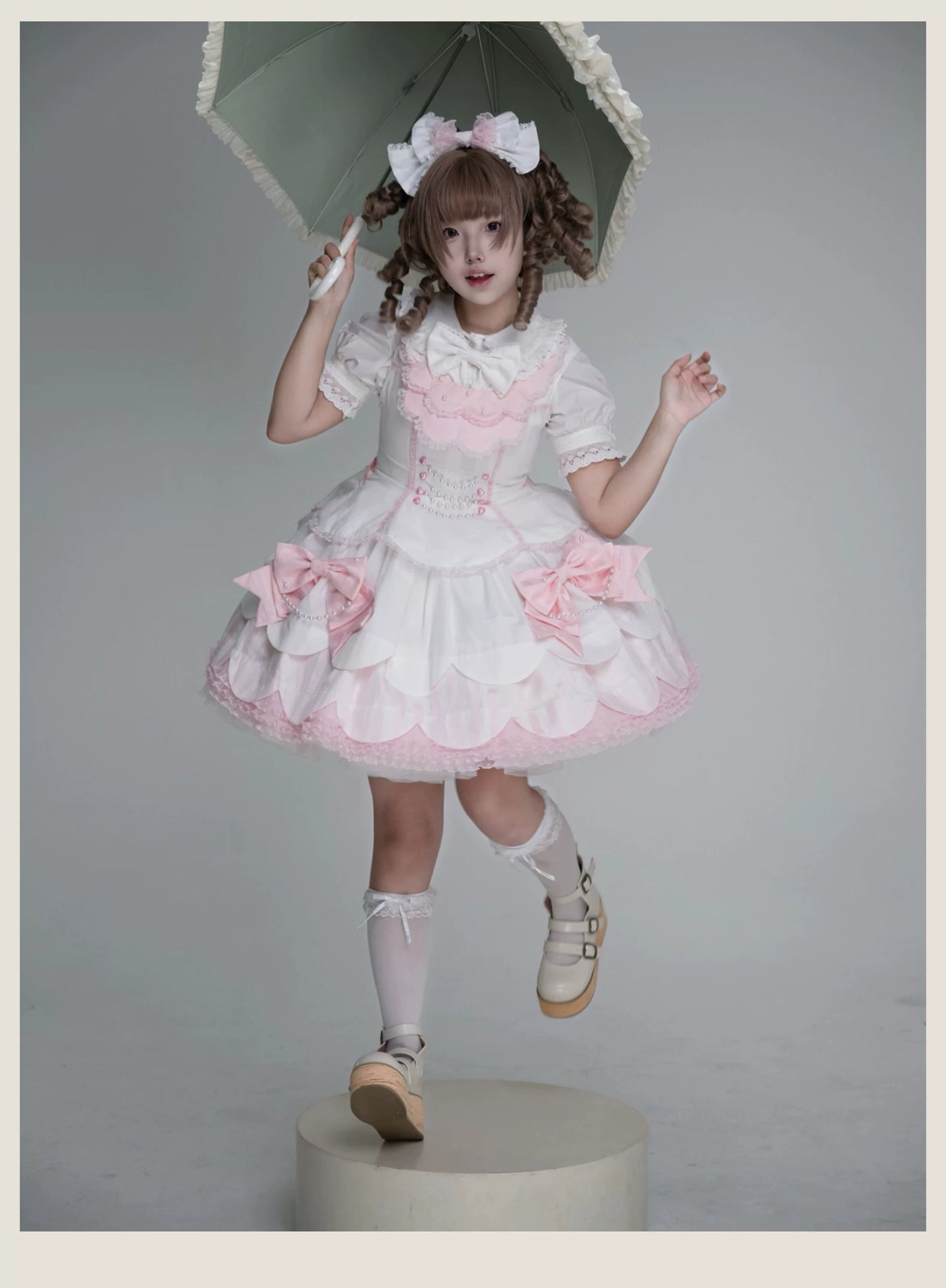 Tata Long Ear - Pearl Princess - White-and-Pink JSK Dress with Pearl Details and Scalloped Layers