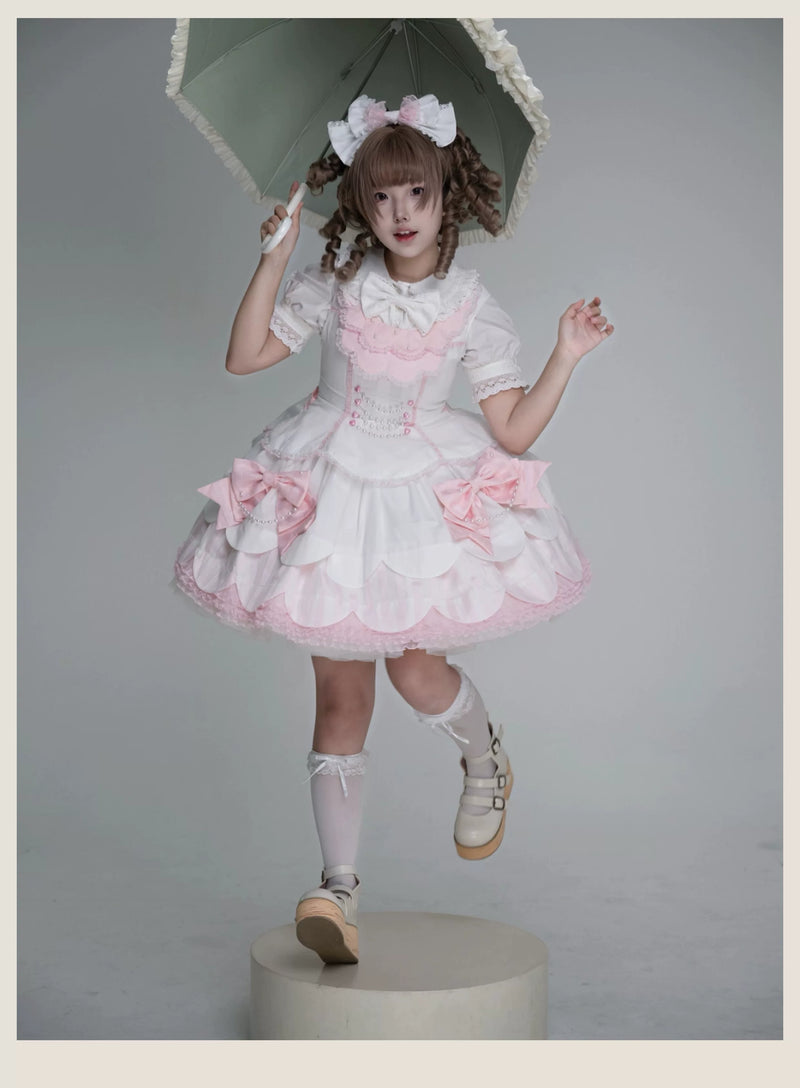 Tata Long Ear - Pearl Princess - White-and-Pink JSK Dress with Pearl Details and Scalloped Layers
