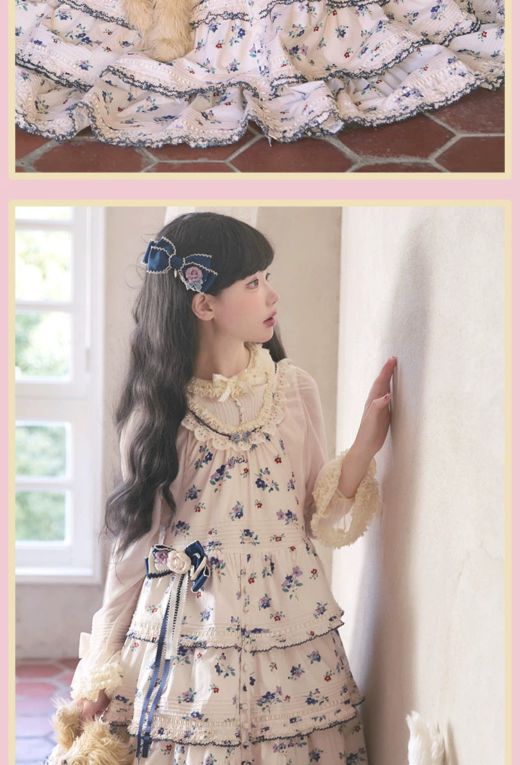RichLolita - Spring Flowers - JSK Suspender Dress with Floral Print and Navy-Edged Frills