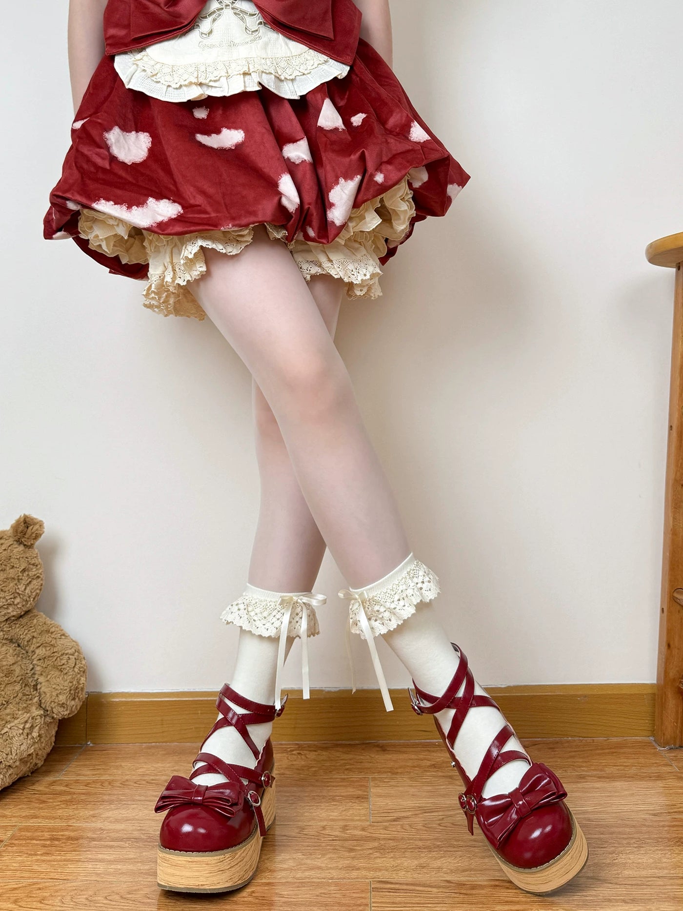 Chubby Bear Tales - Mushroom Doll - Beige Lace Socks in Mid-Short, Calf and Over-the-Knee Lengths