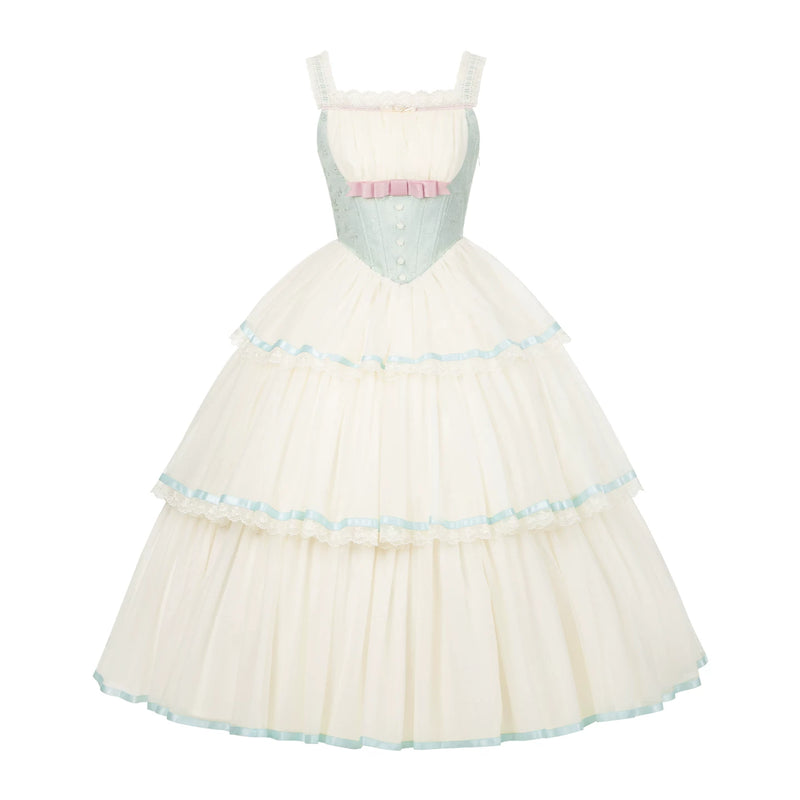 With PUJI - Sea Salt Soda - Classic Lolita Adjustable Corset JSK Dress, Tiered Tulle Hem detail view 9