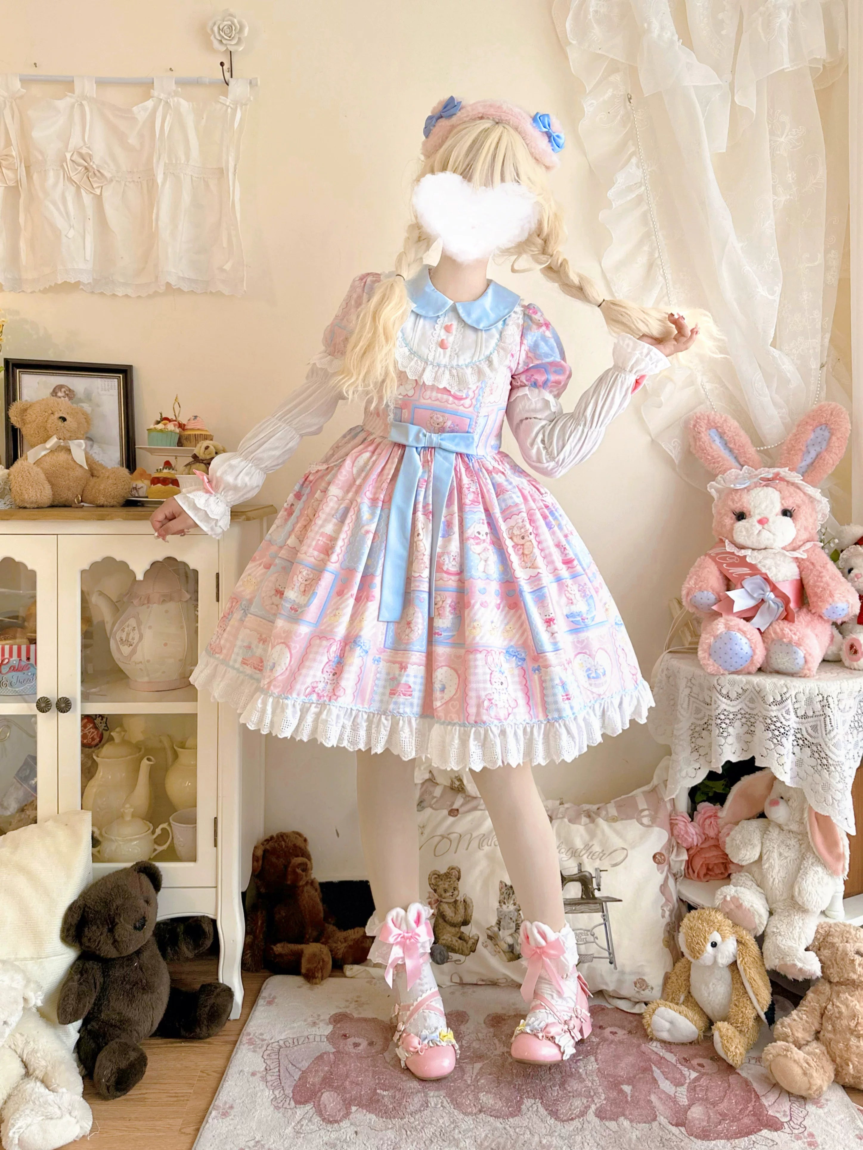 Sweet Bunny Bear Lolita Fetch dress in pastel pink with adorable bunny and bear motifs, perfect for cute, elegant outfits.