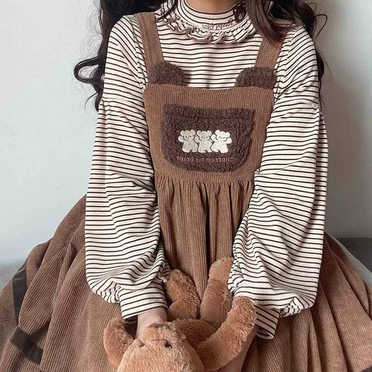Sleepy Bear base-layer tops in chocolate brown and milk coffee stripes with high lettuce-edge collars.