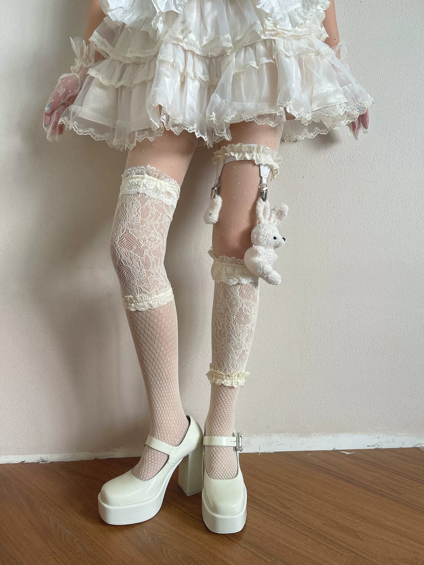 Sock Noble - Big-Eared Rabbit - Beige Tights and Lace Stockings with Rabbit Leg Ring