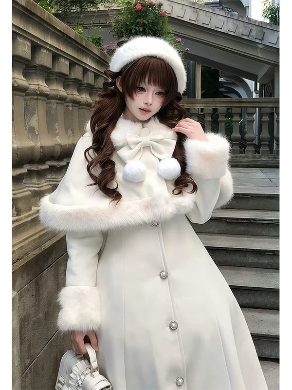 Creamy - Winter French Heiress - White Lolita Coat with Bow Cape