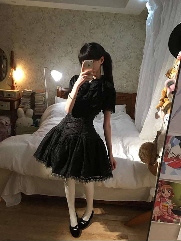 Creamy - Dark Gothic Lace - Black blouse and skirt set with a lace bib