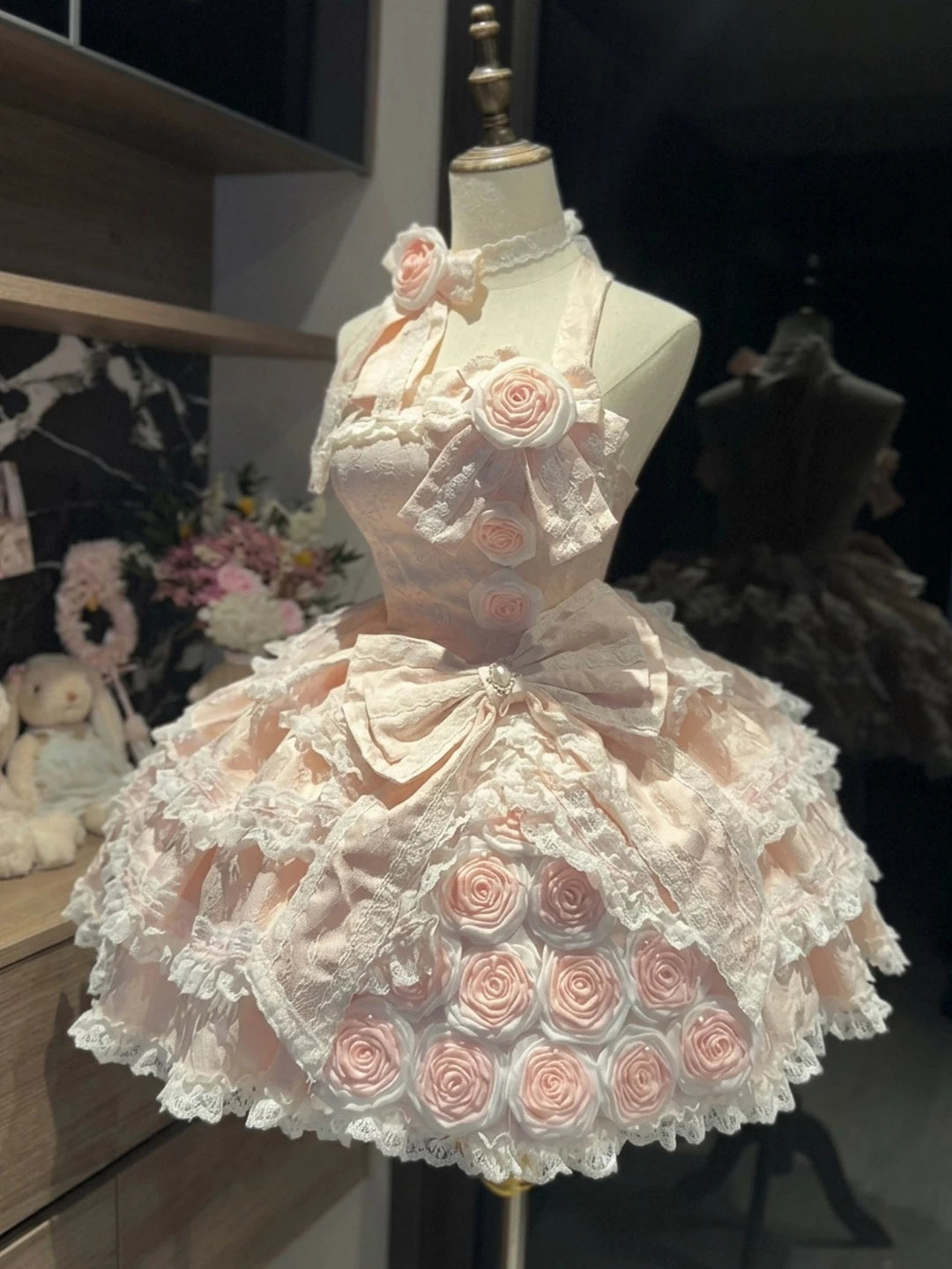 Creamy - Pink Rose - Dress with Rose Appliqués