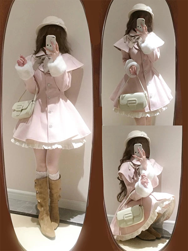 Creamy - Winter Cape - Pink OP dress with cape sleeves and fluffy cuffs