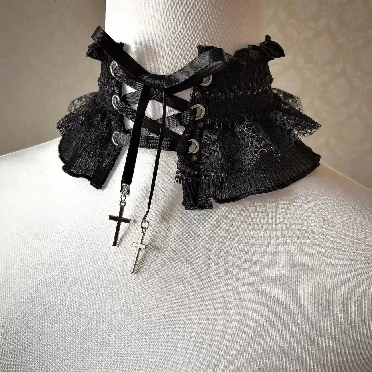 Independent Brand - Gothic Cross-Strap - Black Lace Necklace & Elastic Leg Garter with Criss-Cross Straps
