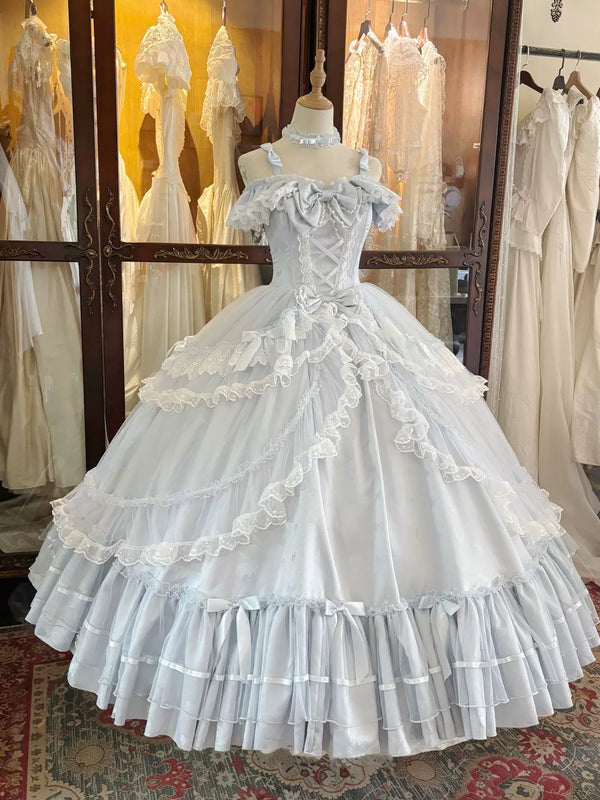 Pale blue layered lace Lolita dress displayed on a mannequin
