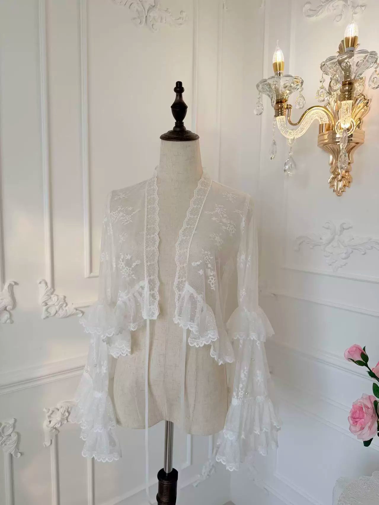 Cat Upon Cat - Moon Cage Tulle - Lace Long-Sleeve Inner Top with Tiered Ruffle Sleeves
