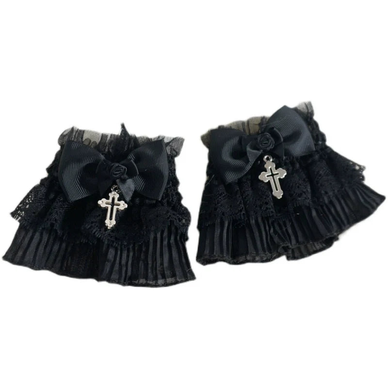 MaoJiang Handmade - Gothic Lolita Cuffs Black Rose Lace - Cross Stretch Handcuff Hand Accessory