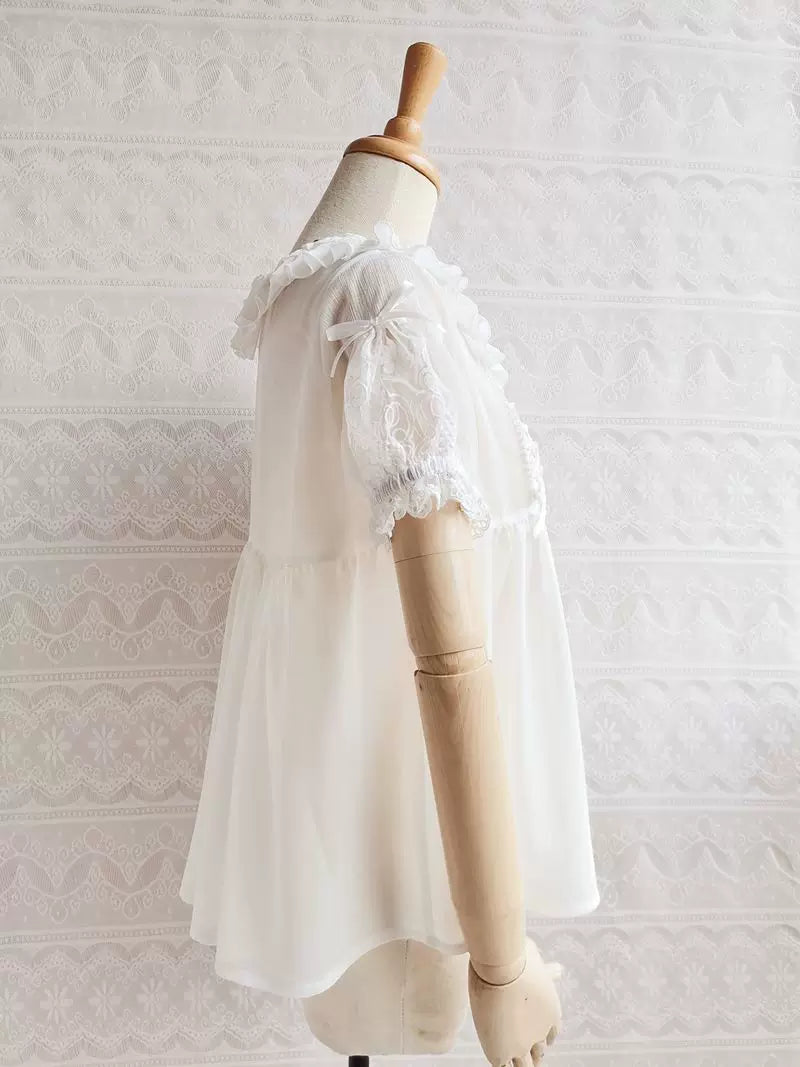 Yilia - Square Lace Bib - Loose Puff Sleeve Chiffon Blouse